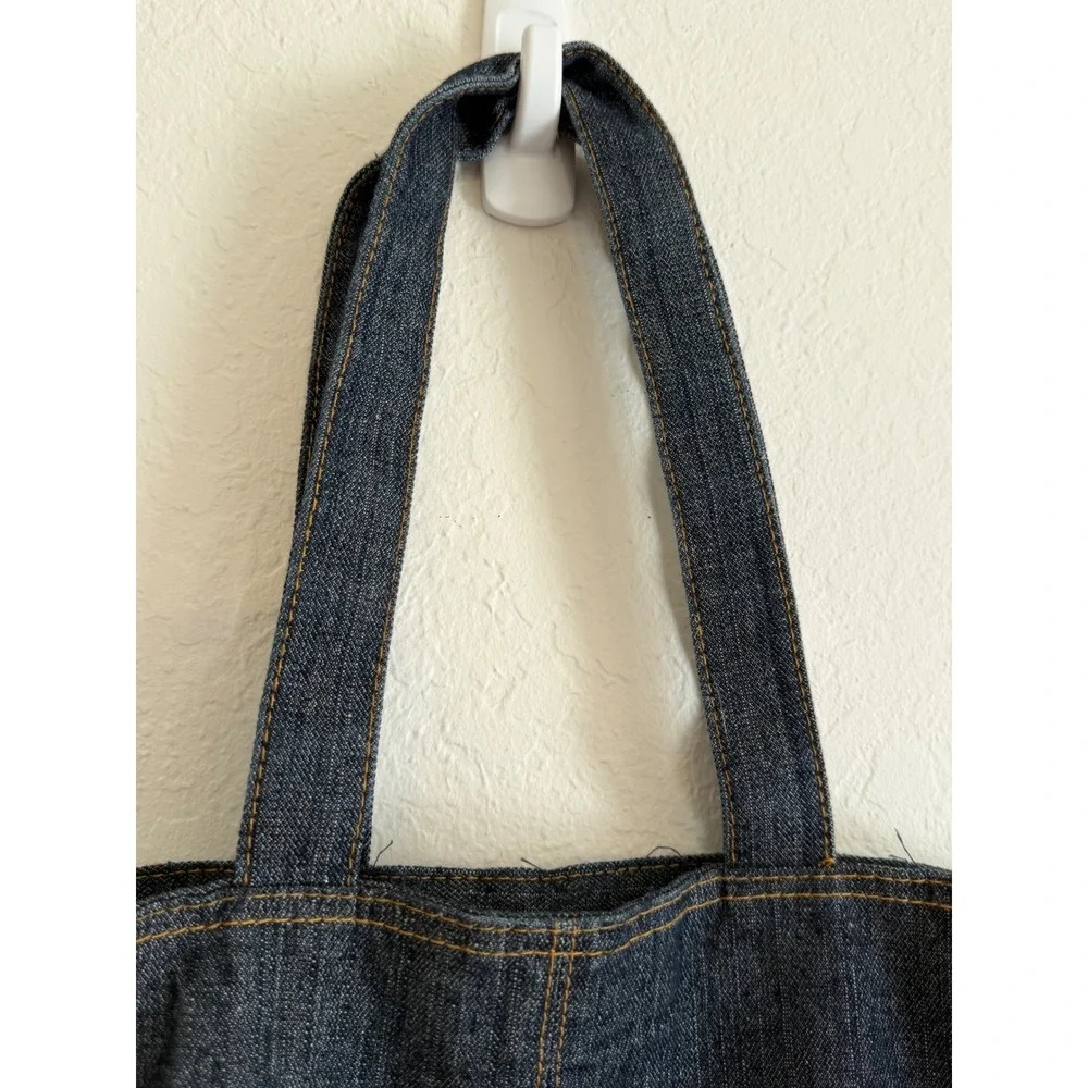 Dark Wash Denim Tote Bag with Exterior Pocket and Contrast Stitching